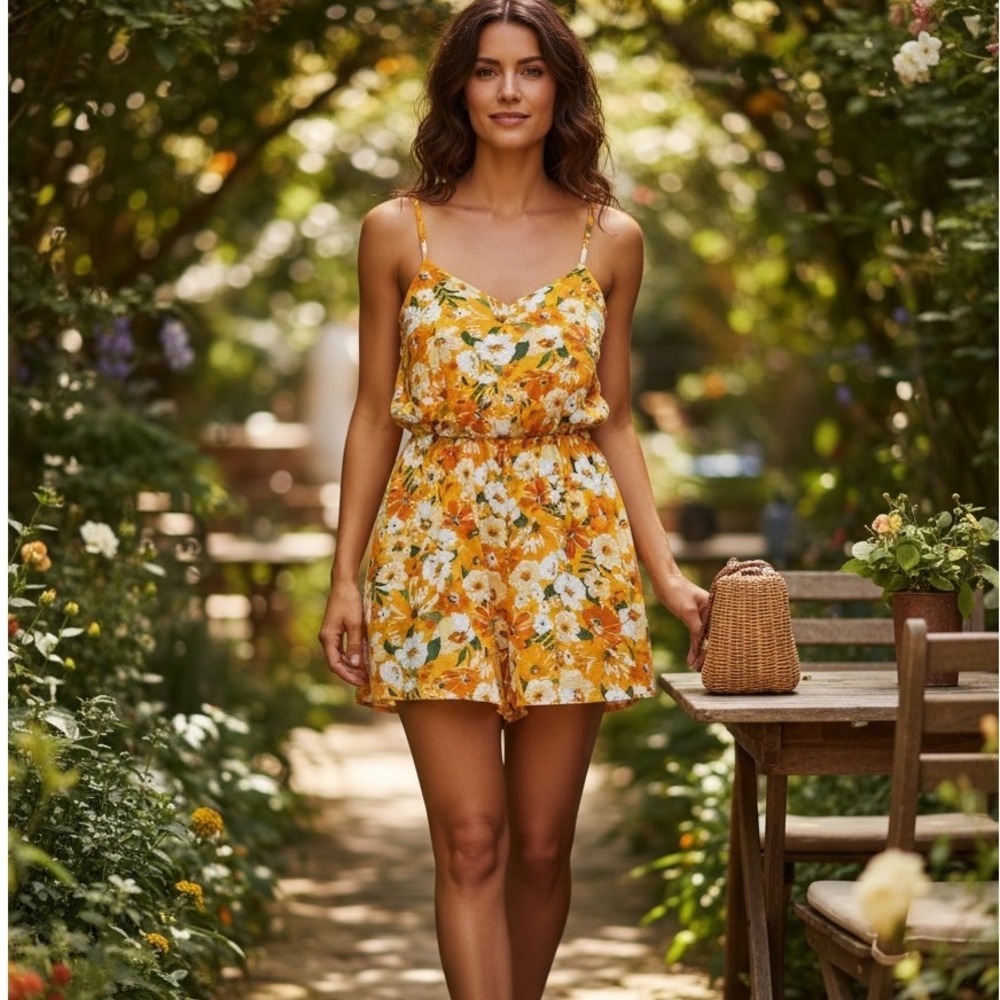 H&M Divided Orange Floral Elastic Waist Romper Cottagecore Tropical Botanical S‎